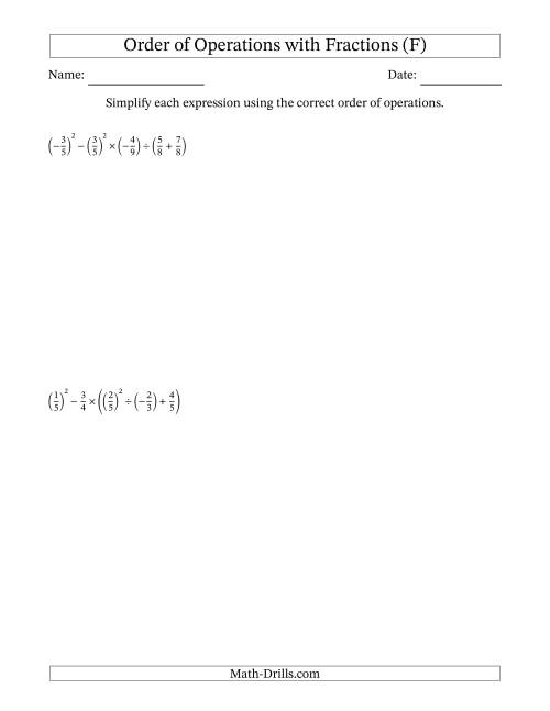 The Order of Operations with Negative and Positive Fractions (Six Steps) (F) Math Worksheet