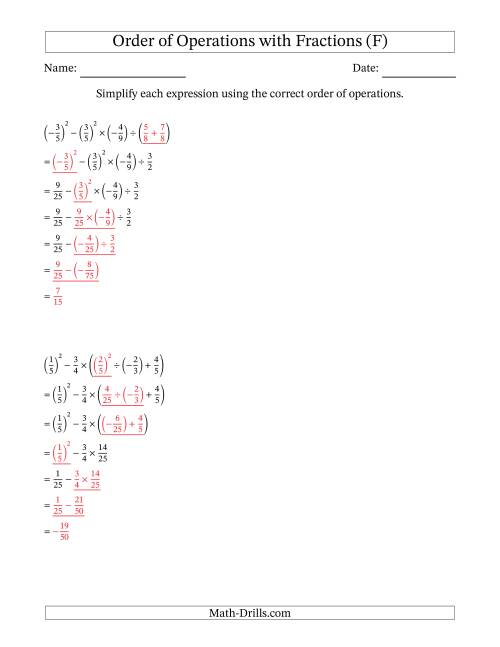 The Order of Operations with Negative and Positive Fractions (Six Steps) (F) Math Worksheet Page 2