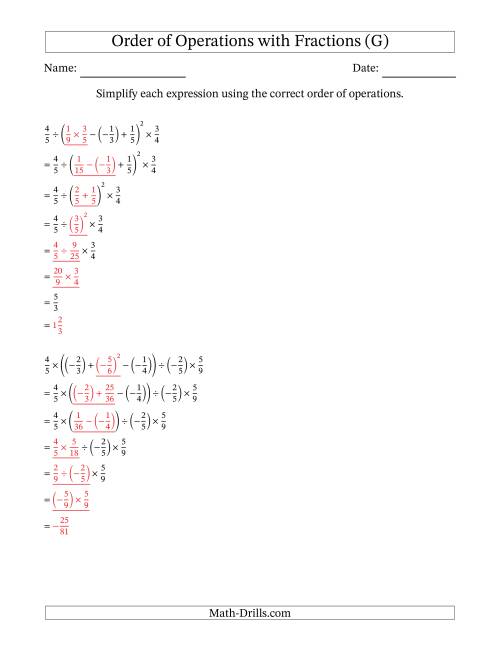 The Order of Operations with Negative and Positive Fractions (Six Steps) (G) Math Worksheet Page 2