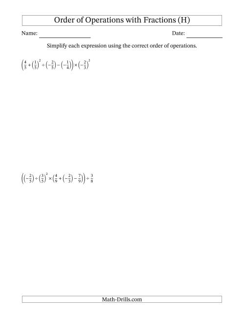 The Order of Operations with Negative and Positive Fractions (Six Steps) (H) Math Worksheet