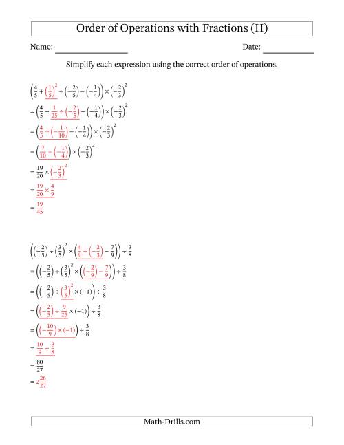 The Order of Operations with Negative and Positive Fractions (Six Steps) (H) Math Worksheet Page 2