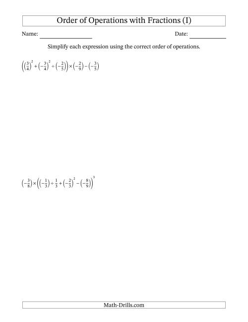 The Order of Operations with Negative and Positive Fractions (Six Steps) (I) Math Worksheet
