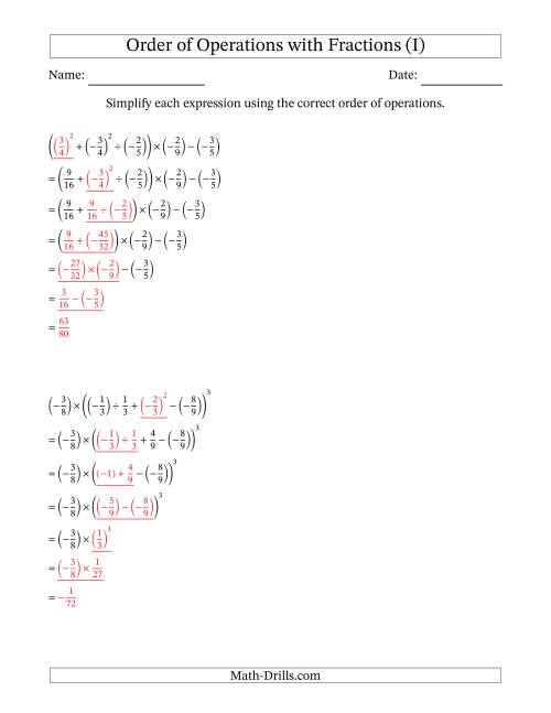 The Order of Operations with Negative and Positive Fractions (Six Steps) (I) Math Worksheet Page 2