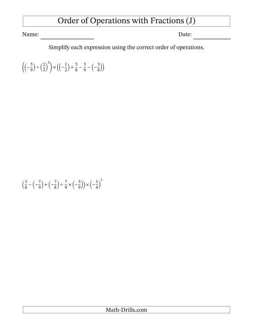 The Order of Operations with Negative and Positive Fractions (Six Steps) (J) Math Worksheet
