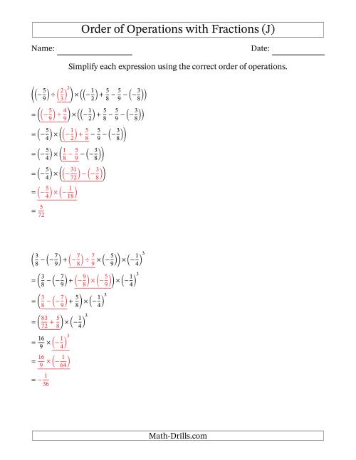 The Order of Operations with Negative and Positive Fractions (Six Steps) (J) Math Worksheet Page 2