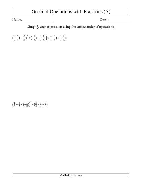 The Order of Operations with Negative and Positive Fractions (Six Steps) (All) Math Worksheet