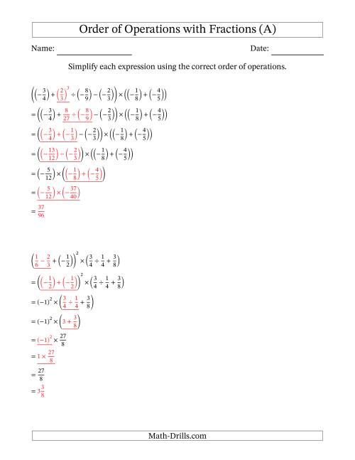 The Order of Operations with Negative and Positive Fractions (Six Steps) (All) Math Worksheet Page 2