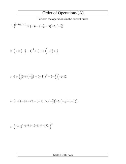 The Fractions Order of Operations -- Six Steps Including Negative Fractions (Old) Math Worksheet