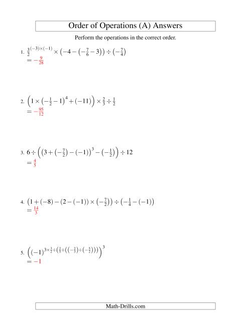 The Fractions Order of Operations -- Six Steps Including Negative Fractions (Old) Math Worksheet Page 2