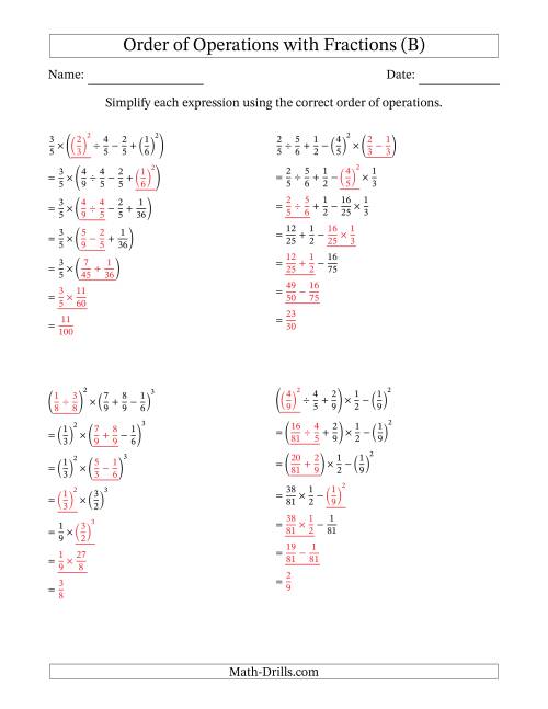 The Order of Operations with Positive Fractions (Six Steps) (B) Math Worksheet Page 2