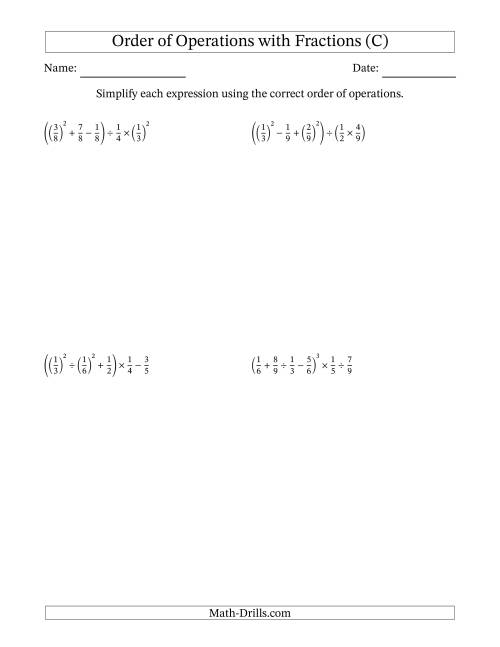 The Order of Operations with Positive Fractions (Six Steps) (C) Math Worksheet