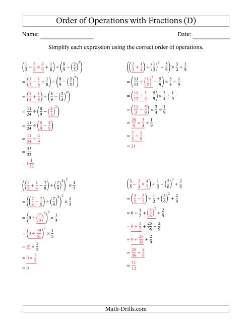 The Order of Operations with Positive Fractions (Six Steps) (D) Math Worksheet Page 2