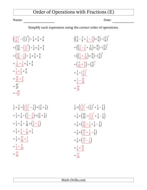 The Order of Operations with Positive Fractions (Six Steps) (E) Math Worksheet Page 2