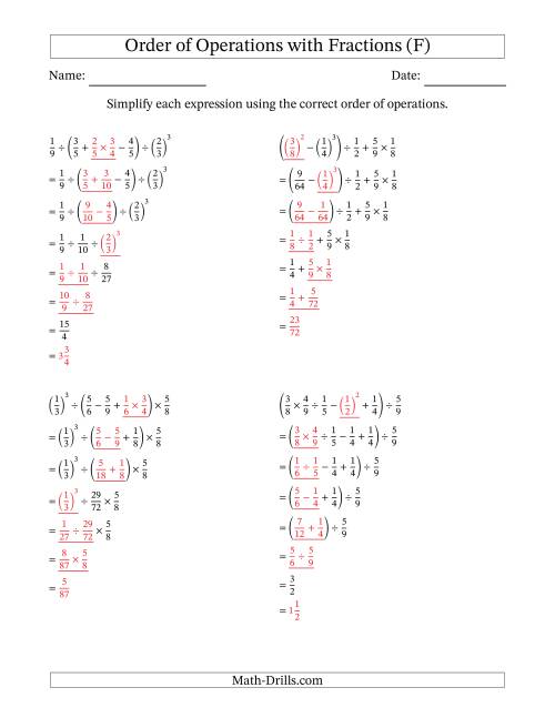 The Order of Operations with Positive Fractions (Six Steps) (F) Math Worksheet Page 2