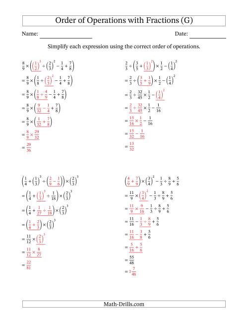 The Order of Operations with Positive Fractions (Six Steps) (G) Math Worksheet Page 2