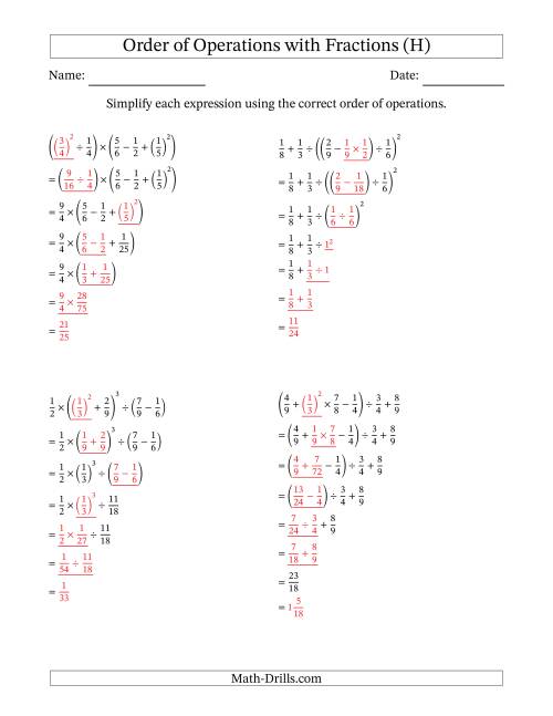 The Order of Operations with Positive Fractions (Six Steps) (H) Math Worksheet Page 2