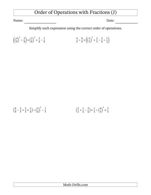 The Order of Operations with Positive Fractions (Six Steps) (J) Math Worksheet