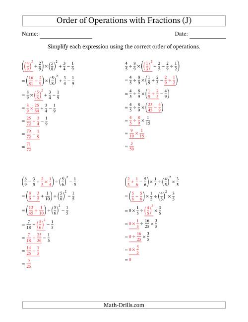 The Order of Operations with Positive Fractions (Six Steps) (J) Math Worksheet Page 2