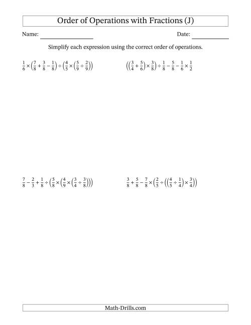 The Order of Operations with Positive Fractions and No Exponents (Six Steps) (J) Math Worksheet