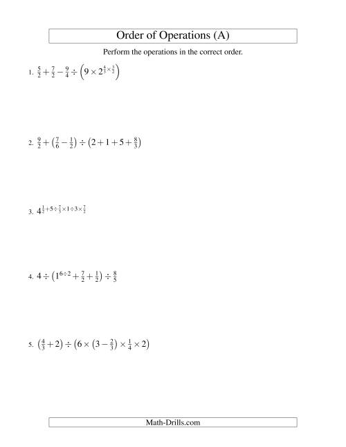 The Fractions Order of Operations -- Six Steps (Old) Math Worksheet