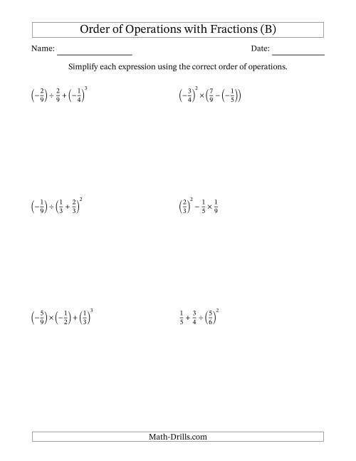 The Order of Operations with Negative and Positive Fractions (Three Steps) (B) Math Worksheet