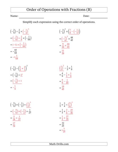 The Order of Operations with Negative and Positive Fractions (Three Steps) (B) Math Worksheet Page 2