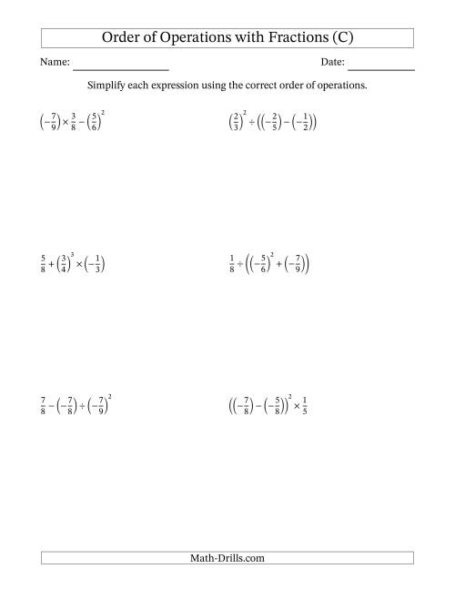 The Order of Operations with Negative and Positive Fractions (Three Steps) (C) Math Worksheet