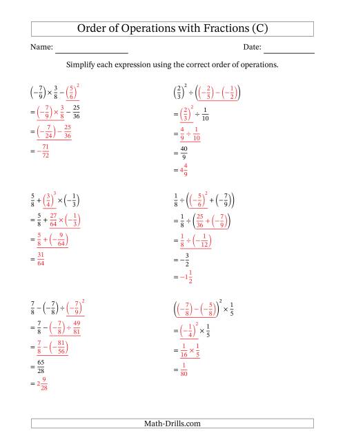 The Order of Operations with Negative and Positive Fractions (Three Steps) (C) Math Worksheet Page 2