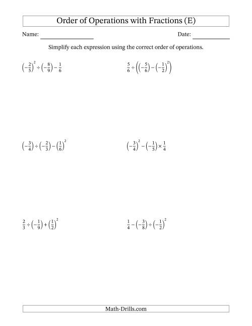 The Order of Operations with Negative and Positive Fractions (Three Steps) (E) Math Worksheet