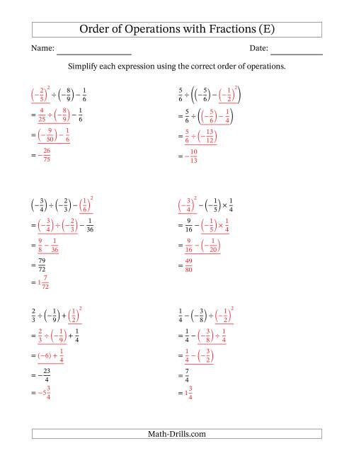 The Order of Operations with Negative and Positive Fractions (Three Steps) (E) Math Worksheet Page 2