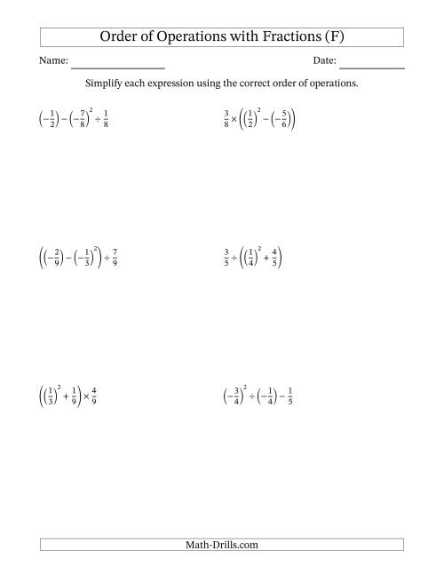 The Order of Operations with Negative and Positive Fractions (Three Steps) (F) Math Worksheet