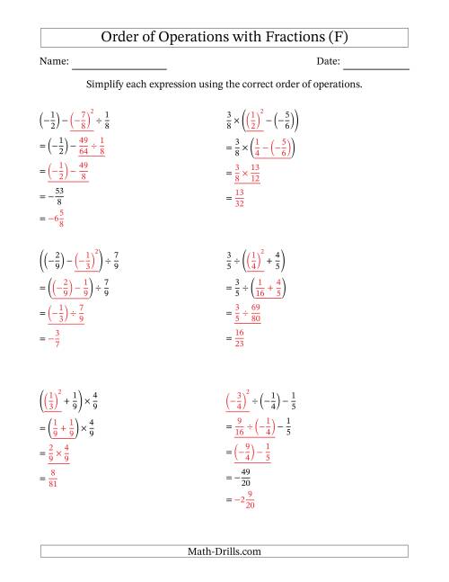 The Order of Operations with Negative and Positive Fractions (Three Steps) (F) Math Worksheet Page 2