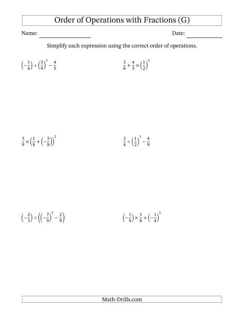 The Order of Operations with Negative and Positive Fractions (Three Steps) (G) Math Worksheet