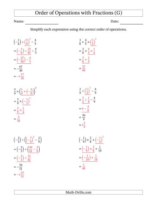 The Order of Operations with Negative and Positive Fractions (Three Steps) (G) Math Worksheet Page 2