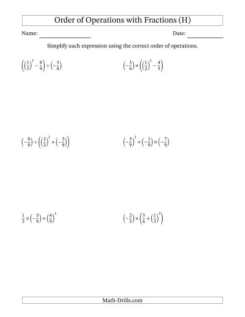 The Order of Operations with Negative and Positive Fractions (Three Steps) (H) Math Worksheet