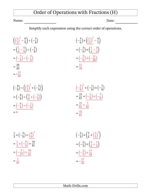 The Order of Operations with Negative and Positive Fractions (Three Steps) (H) Math Worksheet Page 2