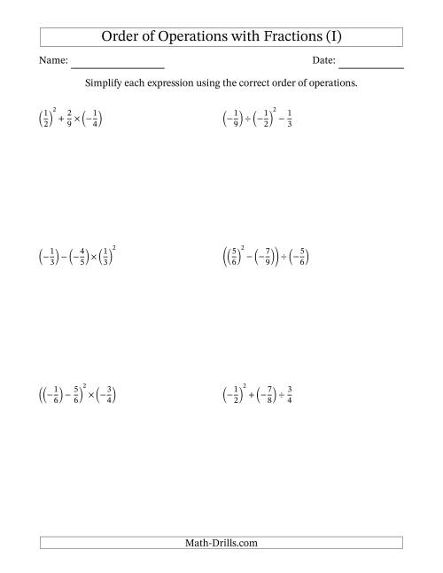 The Order of Operations with Negative and Positive Fractions (Three Steps) (I) Math Worksheet