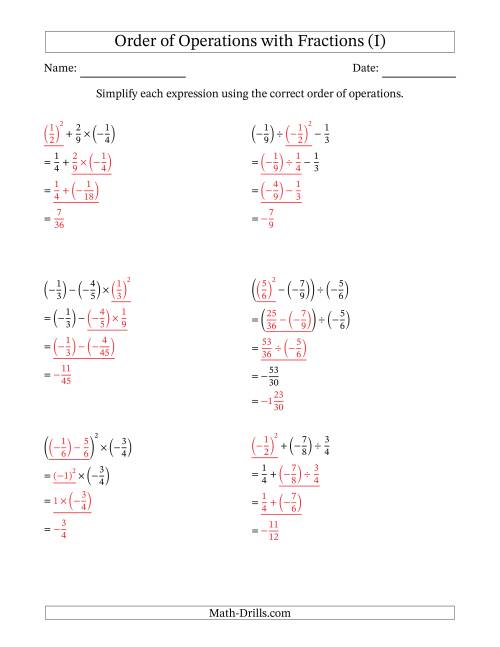 The Order of Operations with Negative and Positive Fractions (Three Steps) (I) Math Worksheet Page 2