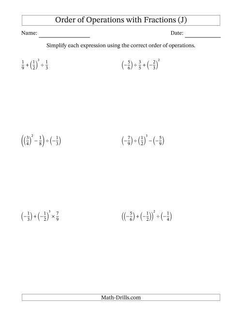 The Order of Operations with Negative and Positive Fractions (Three Steps) (J) Math Worksheet