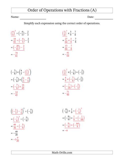 The Order of Operations with Negative and Positive Fractions (Three Steps) (All) Math Worksheet Page 2