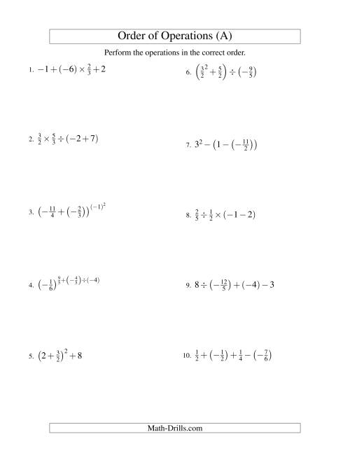 The Fractions Order of Operations -- Three Steps Including Negative Fractions (Old) Math Worksheet