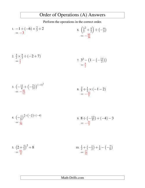 The Fractions Order of Operations -- Three Steps Including Negative Fractions (Old) Math Worksheet Page 2