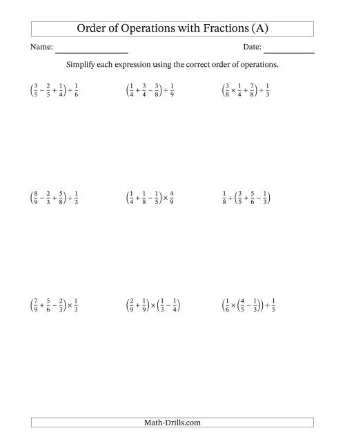 The Order of Operations with Positive Fractions and No Exponents (Three Steps) (A) Math Worksheet