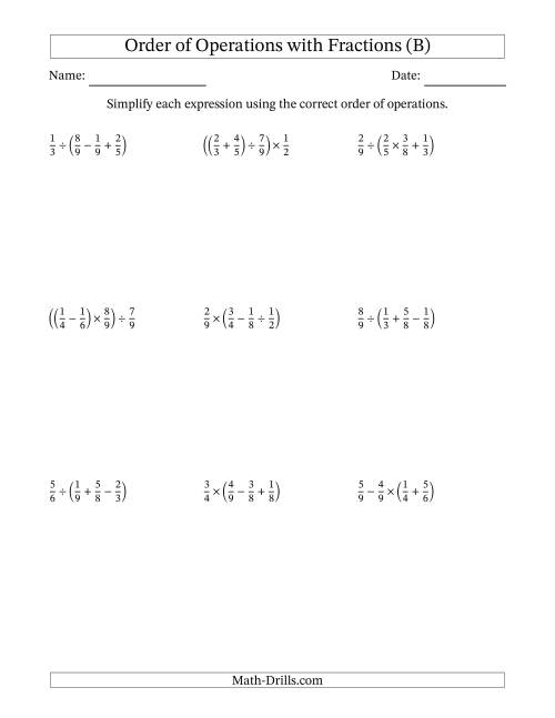 The Order of Operations with Positive Fractions and No Exponents (Three Steps) (B) Math Worksheet