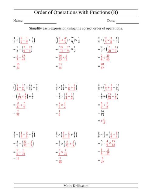 The Order of Operations with Positive Fractions and No Exponents (Three Steps) (B) Math Worksheet Page 2