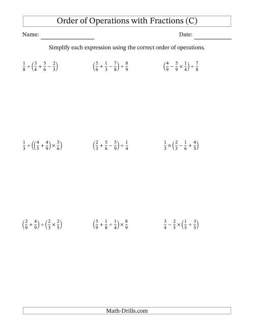 The Order of Operations with Positive Fractions and No Exponents (Three Steps) (C) Math Worksheet