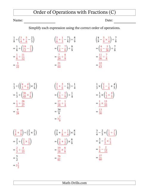 The Order of Operations with Positive Fractions and No Exponents (Three Steps) (C) Math Worksheet Page 2