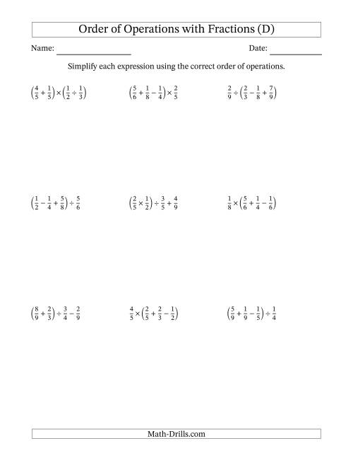 The Order of Operations with Positive Fractions and No Exponents (Three Steps) (D) Math Worksheet