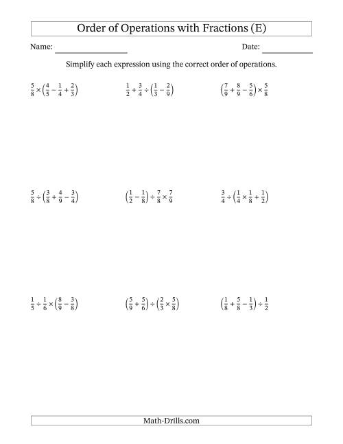 The Order of Operations with Positive Fractions and No Exponents (Three Steps) (E) Math Worksheet