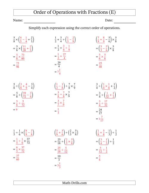 The Order of Operations with Positive Fractions and No Exponents (Three Steps) (E) Math Worksheet Page 2